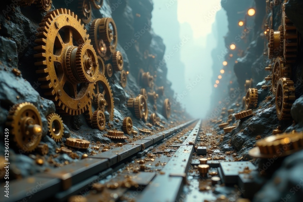 Obraz premium A Mystical Golden Gear Corridor An Enigmatic Path Through a Labyrinth of Intricate Mechanical Wonders