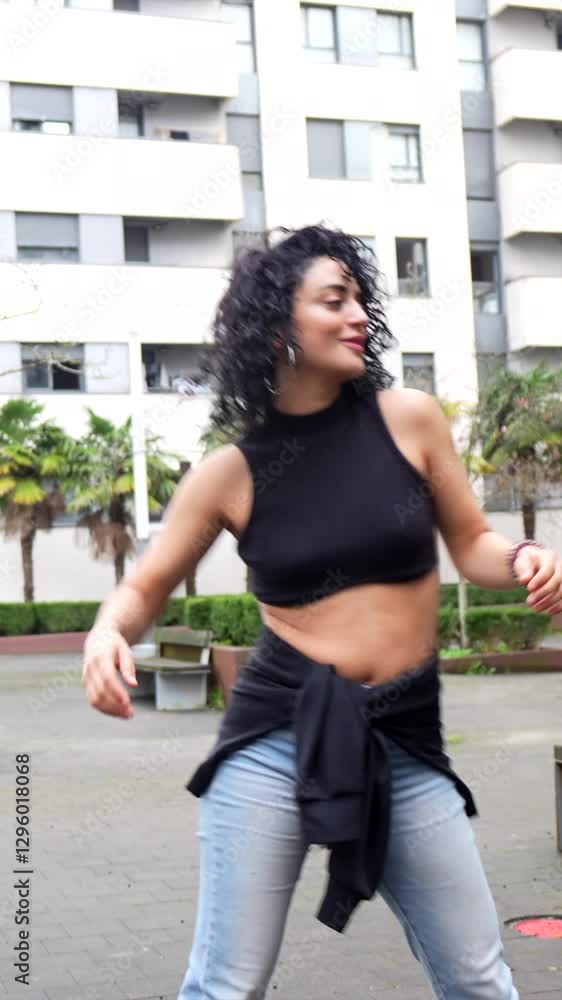 Curly haired woman dancing in urban environment, enjoying music and expressing herself through energetic moves Curly haired woman dancing in urban environment, enjoying music and expressing herself through energetic moves