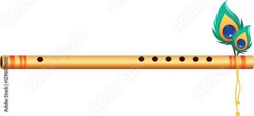 Indian Flute with Peacock Feathers Vector Graphics for Krishna Janmashtami Festival
