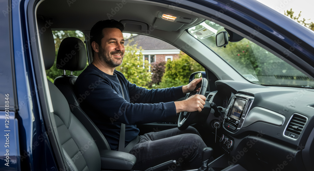 Happy Driver: A smiling man enjoys a comfortable car ride, showcasing a relaxed and pleasant driving experience. 