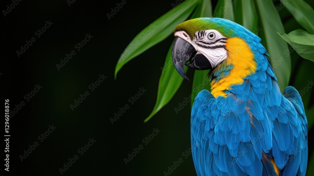 Fototapeta premium A vibrant blue macaw with a striking yellow accent stands gracefully against a dark background, surrounded by lush green leaves.