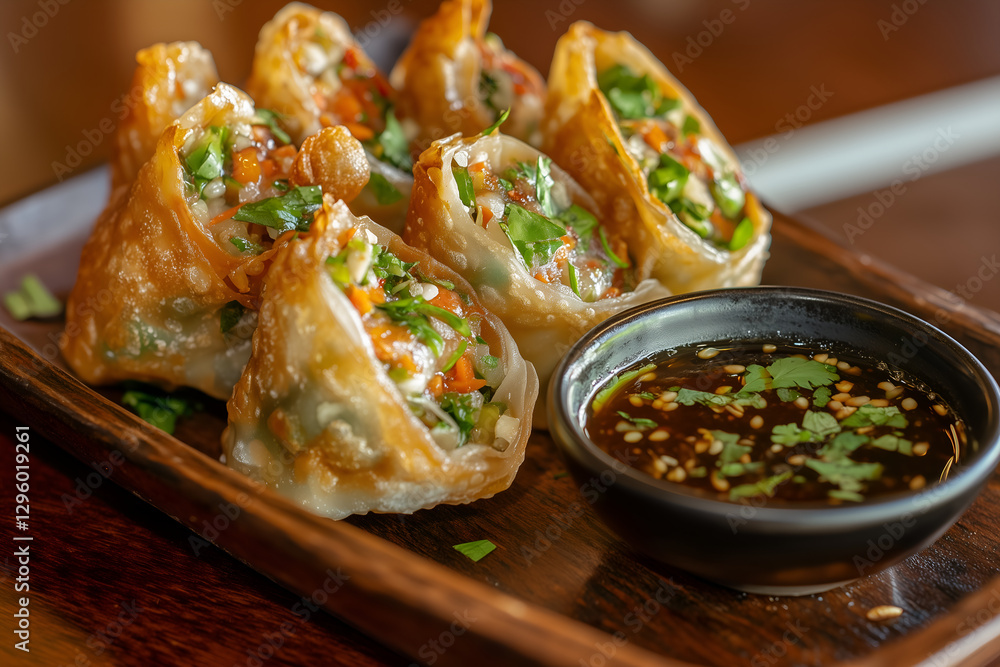 Vibrant spring dumplings with fresh herbs and dipping sauce Vibrant spring dumplings with fresh herbs and dipping sauce