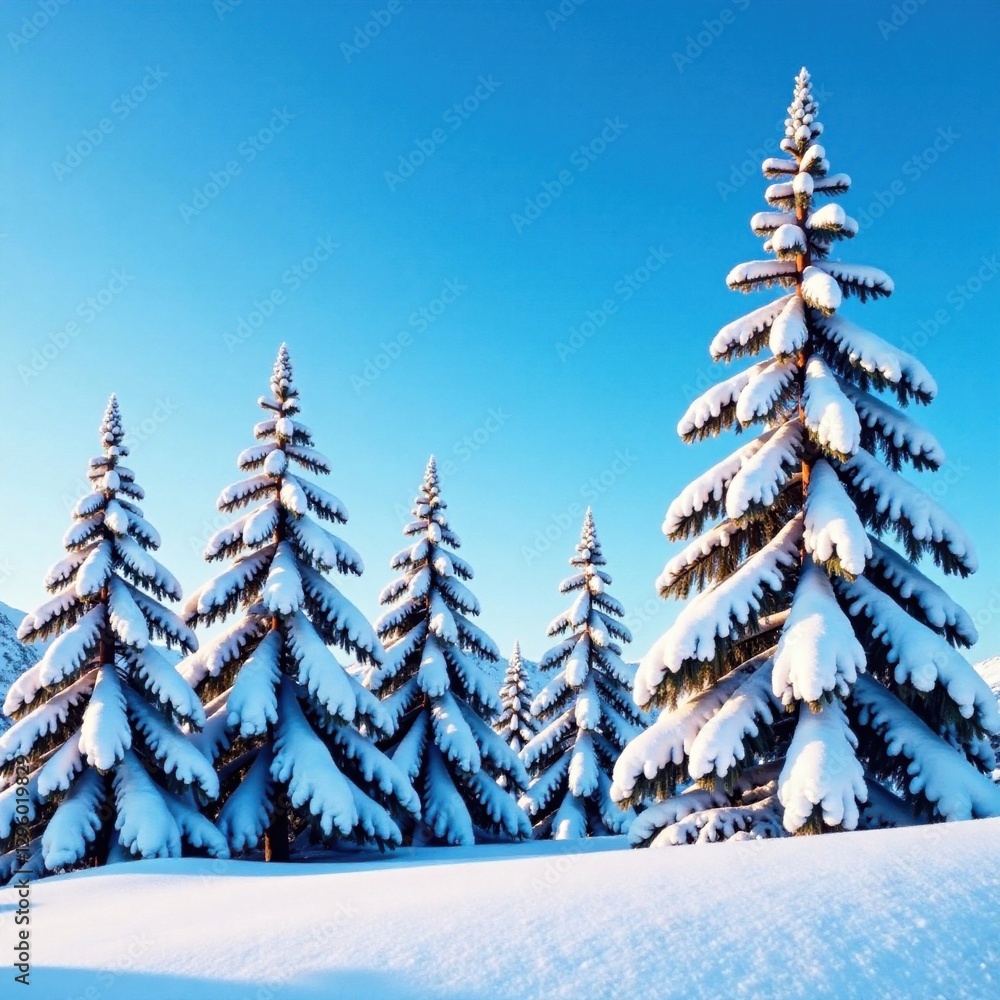 Fototapeta premium snow-covered pine trees against a clear blue sky, pine trees, sky, serene