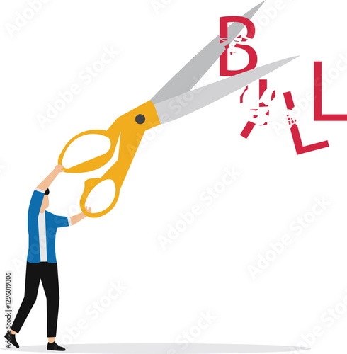 Cost cut or reduction concept. Business efficiency and cost optimization symbol. Businessman cutting bill alphabet