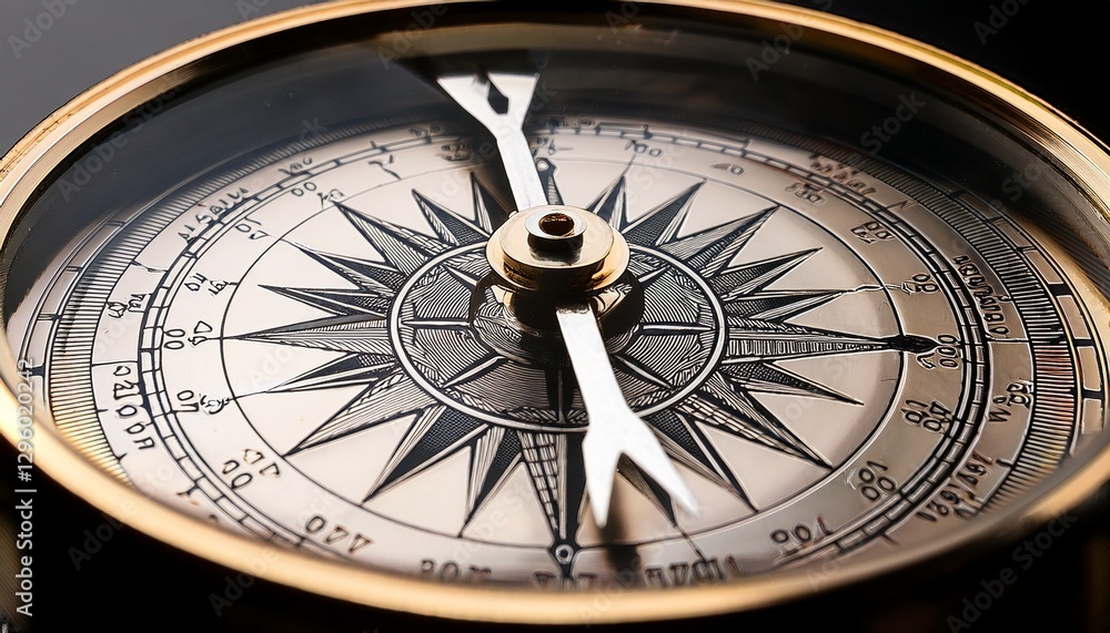 Macro compass detail: fine dial markings, subtle reflections. Precision instrument, navigation tool. Classic, timeless, directional. Macro compass detail: fine dial markings, subtle reflections. Precision instrument, navigation tool. Classic, timeless, directional.