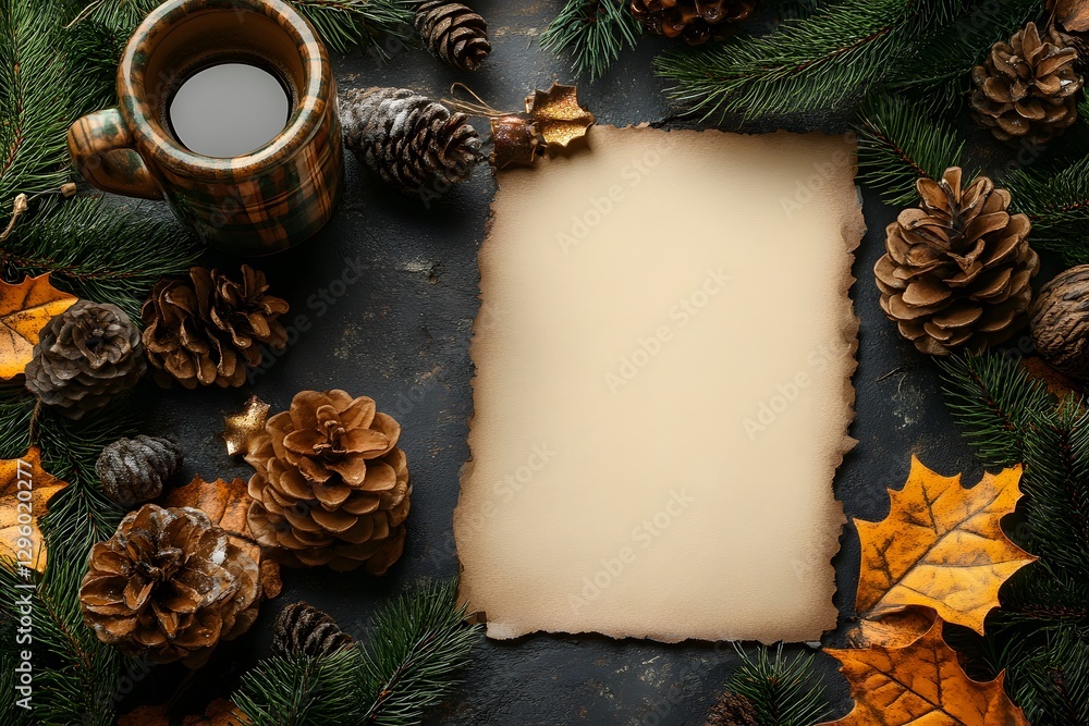 Obraz premium Rustic Autumn Coffee and Pinecone Scene with Blank Paper for Seasonal Greeting Design