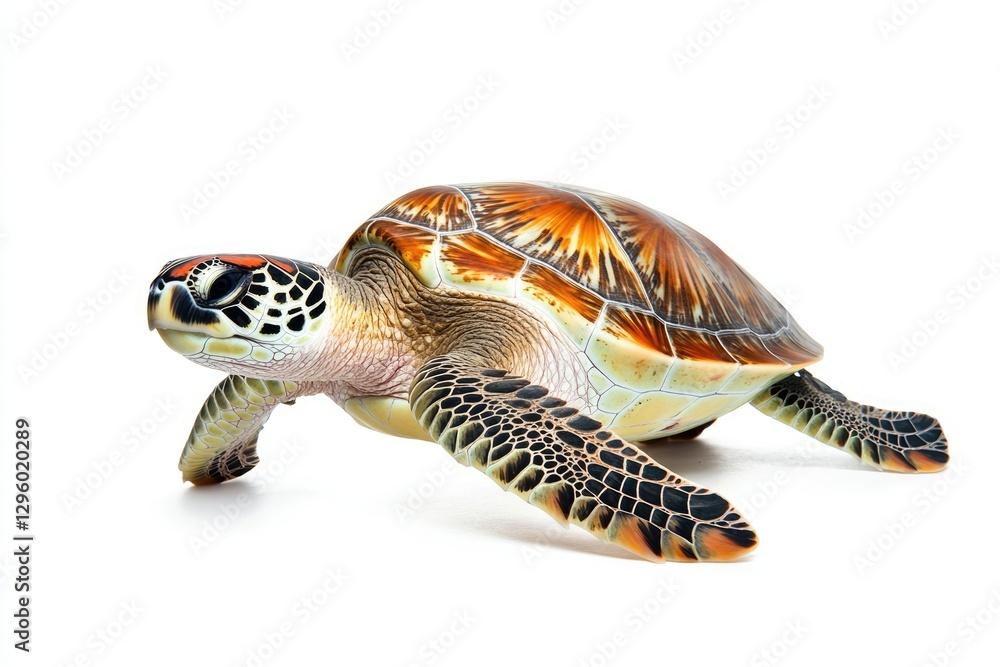 Fototapeta premium Hawksbill Turtle (Eretmochelys imbricata) in Isolated Setting on White Background, Showcasing the Beauty of Aquatic Life