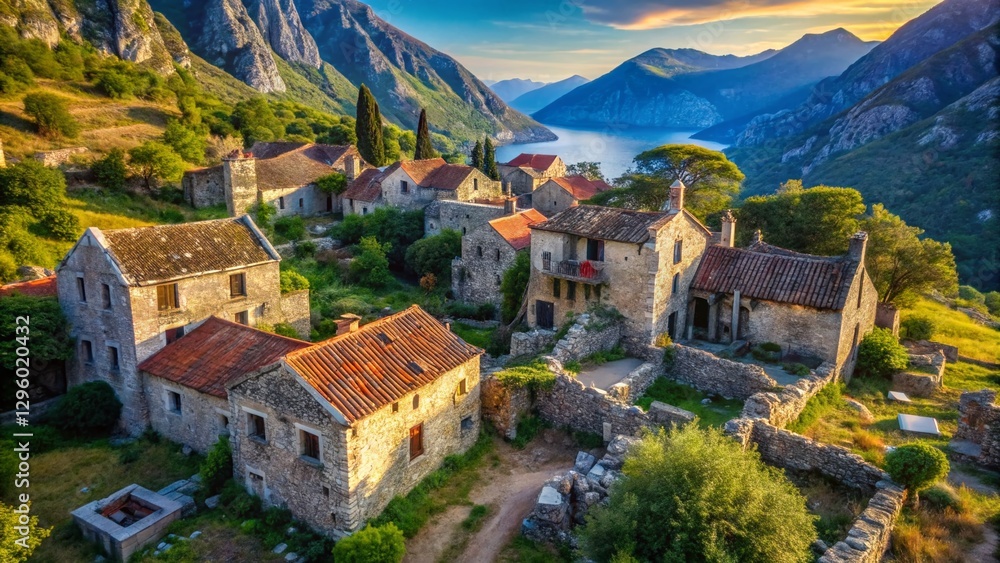Obraz premium Abandoned Mountain Village, Gornji Stoliv, Montenegro - Drone Aerial View