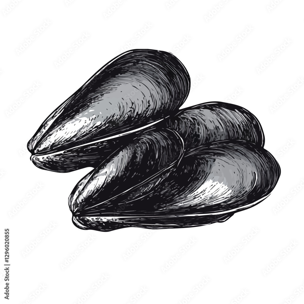 Moules marinières minimalist 2D vector graphic illustration sketch on a white background.
Moules marinières minimalist 2D vector graphic illustration sketch on a white background.