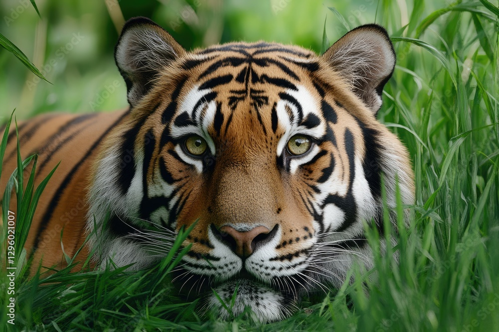 Fototapeta premium Majestic Tiger Camouflaged in Lush Grass: A Glimpse of Wild Splendor