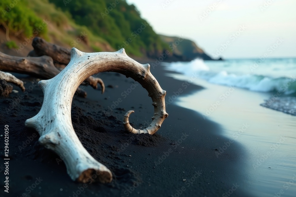 Fototapeta premium Seashore Spiral A bleached driftwood branch, sculpted by the ocean's currents, rests on a dark sand beach, near a tranquil ocean shoreline.