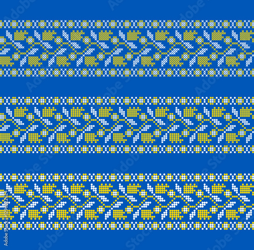 Vector Ukrainian ornament – three decorative embroidered borders with pixel-style flowers and leaves in ethnic design