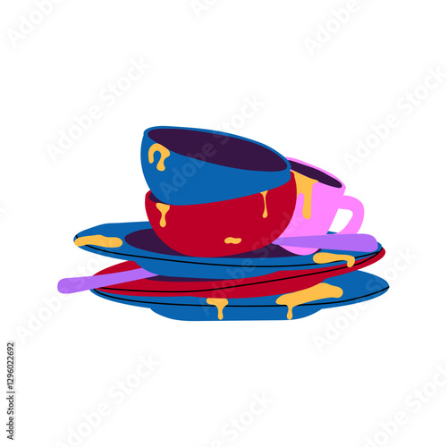 A pile of unwashed colorful plates and cups, symbolizing kitchen mess, household chores, and everyday cleaning struggles