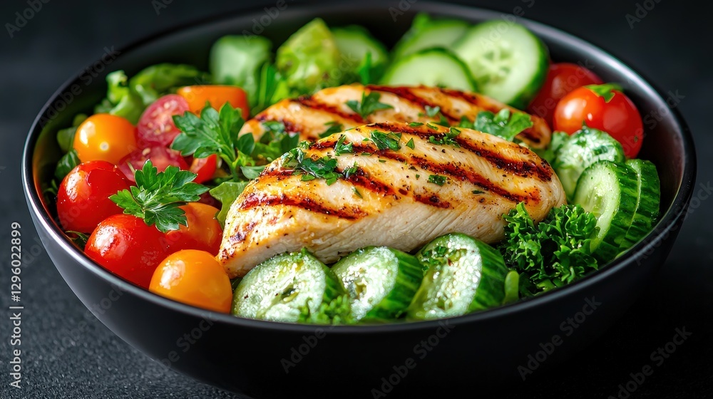 Grilled chicken breast salad with fresh tomatoes and cucumber Grilled chicken breast salad with fresh tomatoes and cucumber