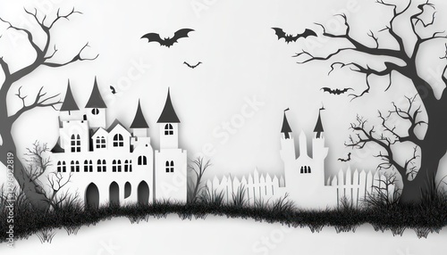 Halloween Castle Scene With Bats And Bare Trees