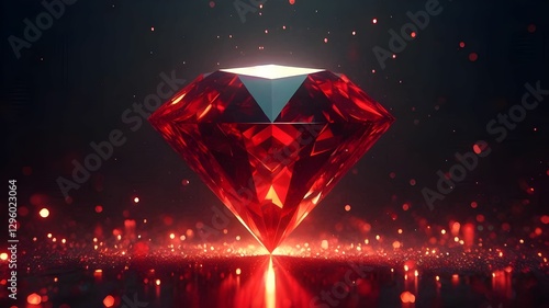 shiny bright big transparent red diamond gemstone in an abstract dark background