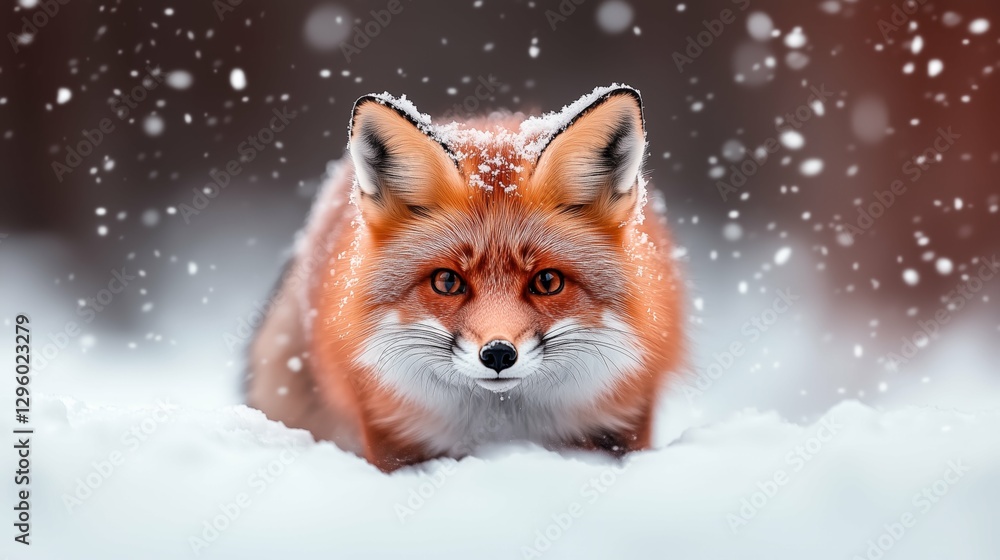 Fototapeta premium Fox in Winter: A red fox gazes at the camera during a snowy winter day.