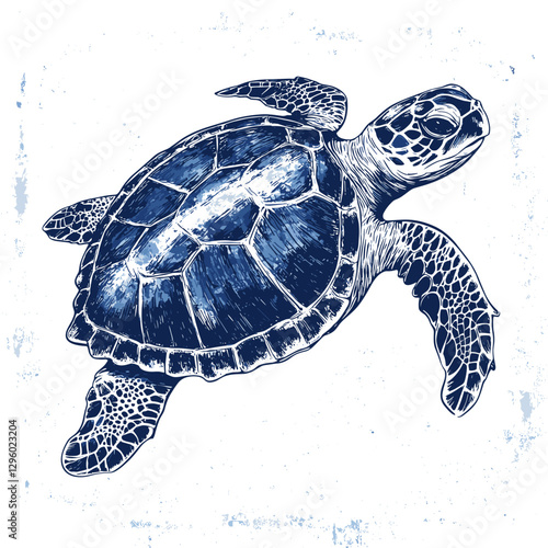Blue ink sea turtle clipart Vector floating turtles animal underwater illustration isolated on a white background