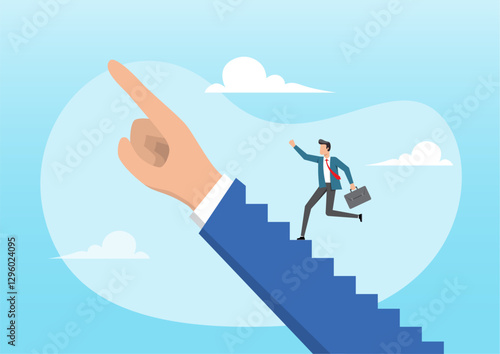 A businessman stepping up a staircase with a leader pointing hand