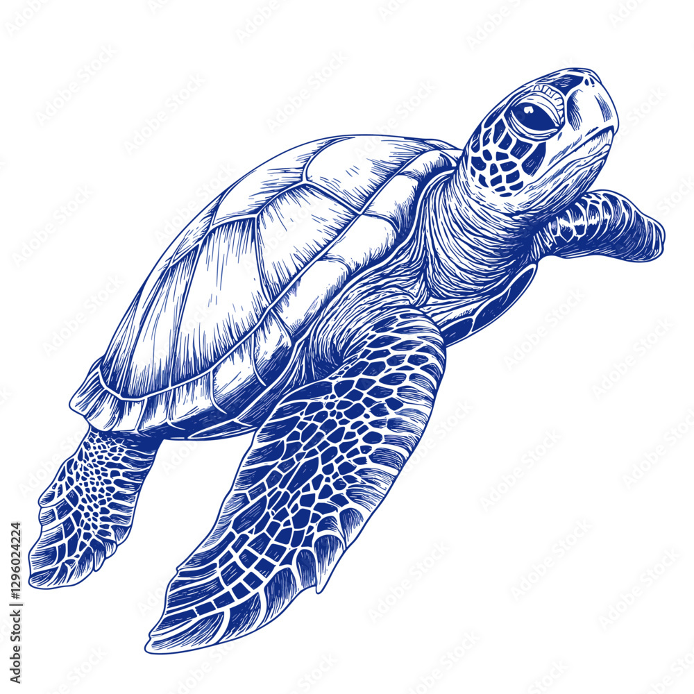 Obraz premium Blue ink sea turtle clipart Vector floating turtles animal underwater illustration isolated on a white background