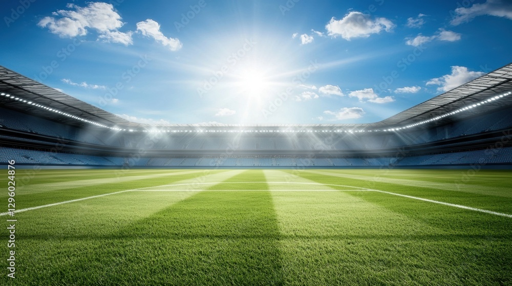 Fototapeta premium Sunlit Soccer Stadium with Freshly Cut Grass Under Clear Blue Sky and Soft Clouds
