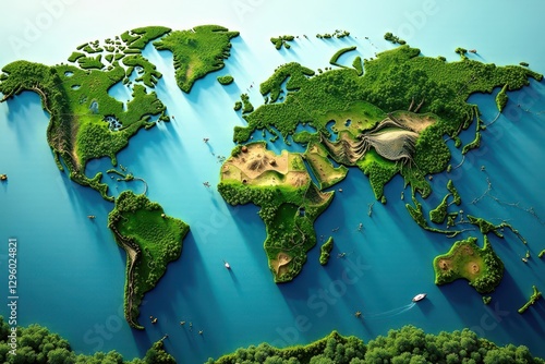 A Lush Green World Map Depicting Continents as Islands in a Vast Ocean