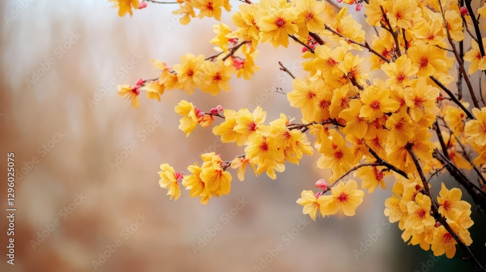 Vibrant Yellow Flowers on Bare Branches in a Soft Focus Background of Autumn Colors, Capturing the Beauty of Nature's Seasonal Transition Vibrant Yellow Flowers on Bare Branches in a Soft Focus Background of Autumn Colors, Capturing the Beauty of Nature's Seasonal Transition