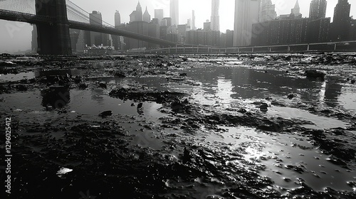 A foggy view of a city with its bridge and muddy ground