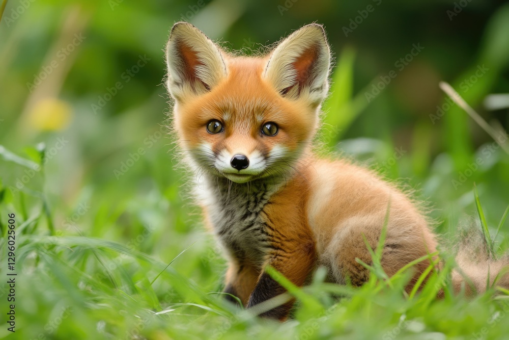 Fototapeta premium Charming Baby Red Fox Playfully Hidden in Lush Green Grass