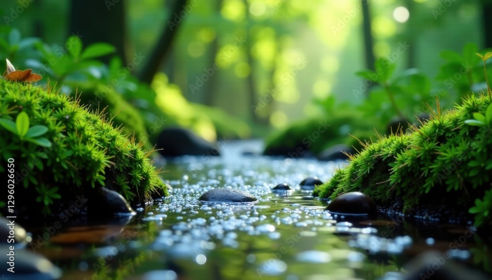 Softly falling water droplets on mossy forest floor, nature, forest, water Softly falling water droplets on mossy forest floor, nature, forest, water