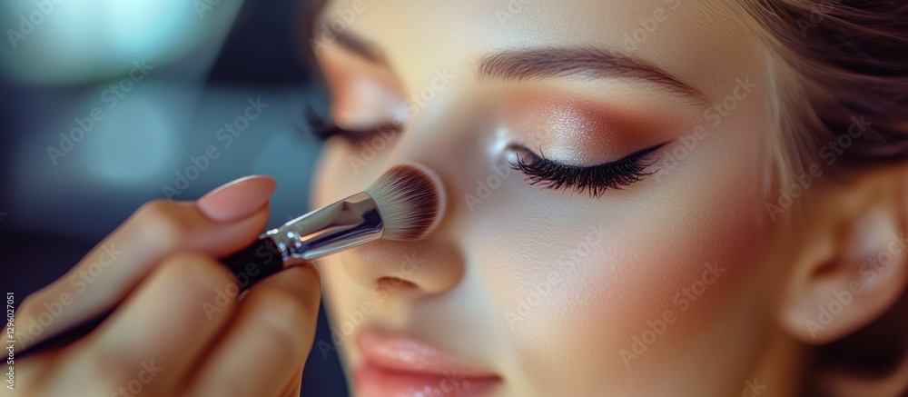 A makeup artist applies finishing powder to a woman's nose with a brush. A makeup artist applies finishing powder to a woman's nose with a brush.