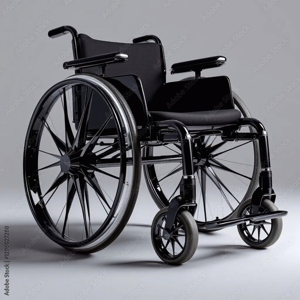 Fototapeta premium Black Wheelchair: A sleek, modern black wheelchair with intricate spoke design, highlighting accessibility and independence.