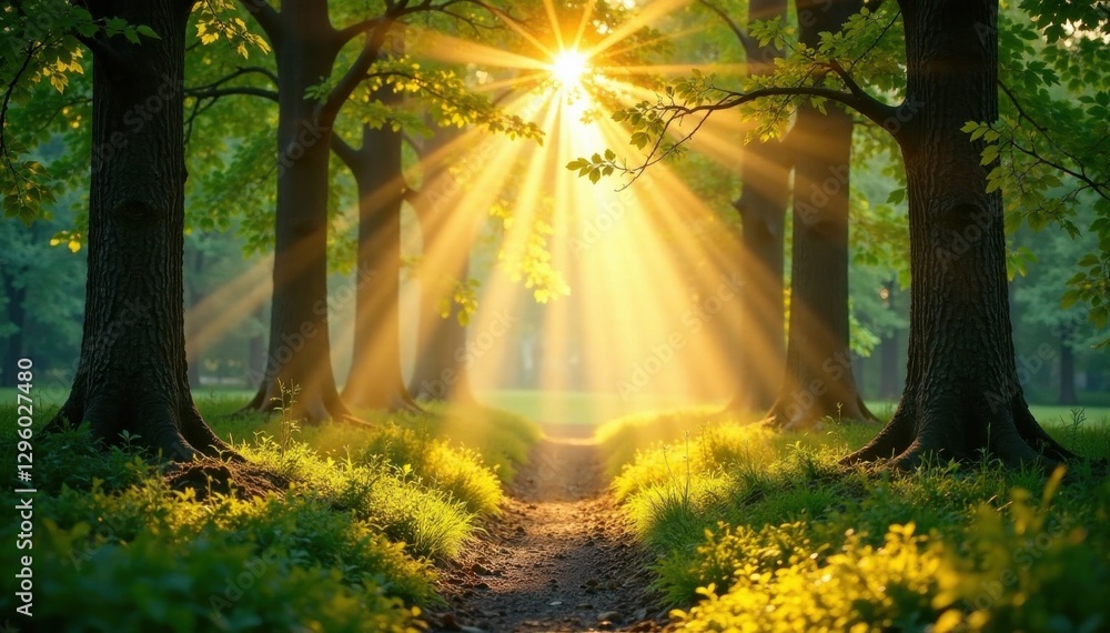 Obraz premium Softly glowing sunlight filters through trees, peaceful, forest, serene