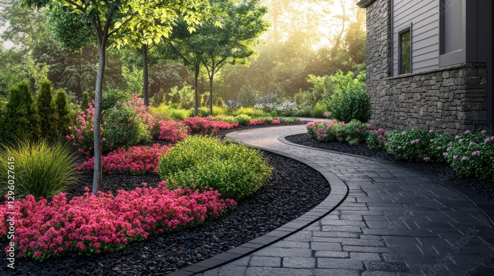 Obraz premium Winding Patio Pathway Through Lush Backyard Garden