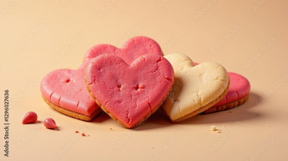 Obraz premium A delightful arrangement of heart-shaped cookies, delicately iced in pastel pink and creamy off-white, rests on a soft beige surface, suggesting a sweet and romantic treat.