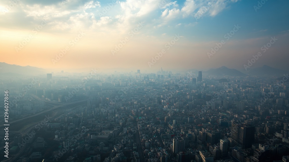 A view of Seoul, a city where you can't see ahead due to so much smog. wide shot. Not to much The photo was not taken from too high up. Give me a realistic photography.