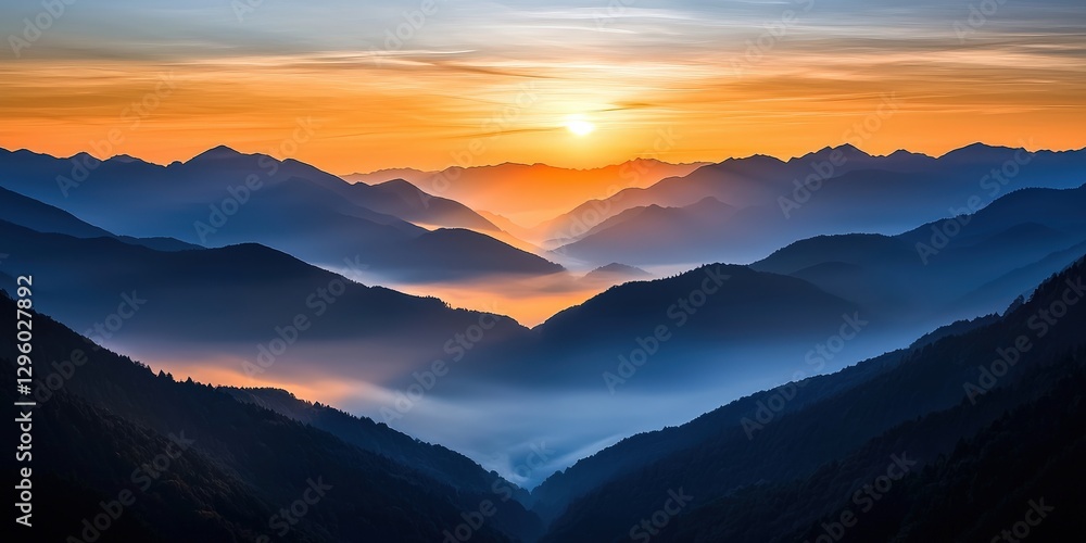 Obraz premium Ethereal mist-covered valley at sunrise, layers of mountains fading into the distance, dreamy and atmospheric natural landscape