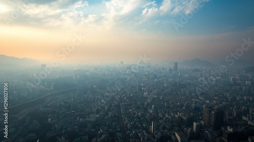 Obraz na płótnie A view of Seoul, a city where you can't see ahead due to so much smog. wide shot. Not to much The photo was not taken from too high up. Give me a realistic photography. w salonie