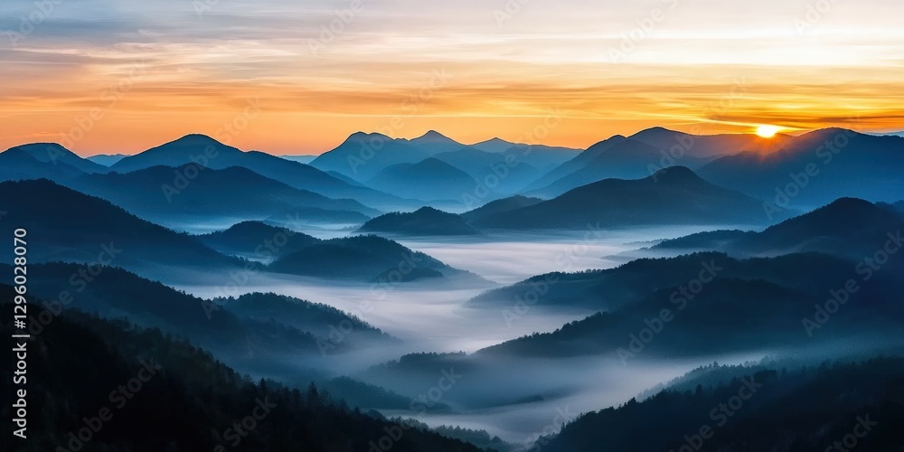 Obraz premium Ethereal mist-covered valley at sunrise, layers of mountains fading into the distance, dreamy and atmospheric natural landscape