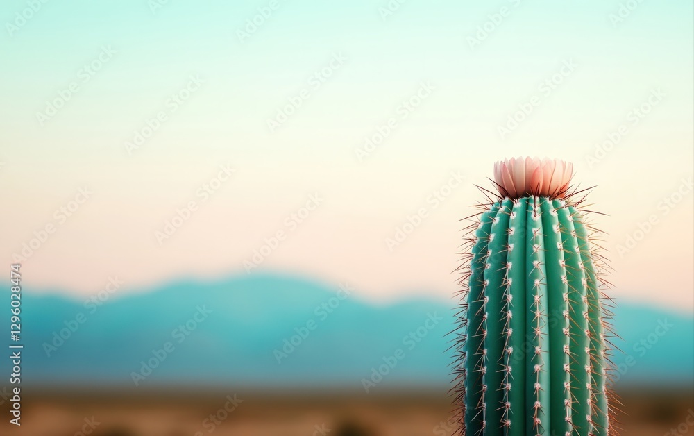 Blooming Desert Cactus Against a Soft Blue Mountain Landscape at Sunset A vibrant image perfect for nature lovers and design projects Blooming Desert Cactus Against a Soft Blue Mountain Landscape at Sunset A vibrant image perfect for nature lovers and design projects