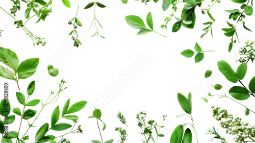 Green leaves and branches forming a frame on transparent background