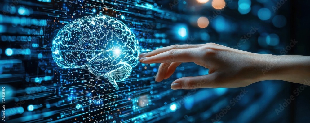 Fototapeta premium Human hand interacting with glowing brain hologram representing artificial intelligence