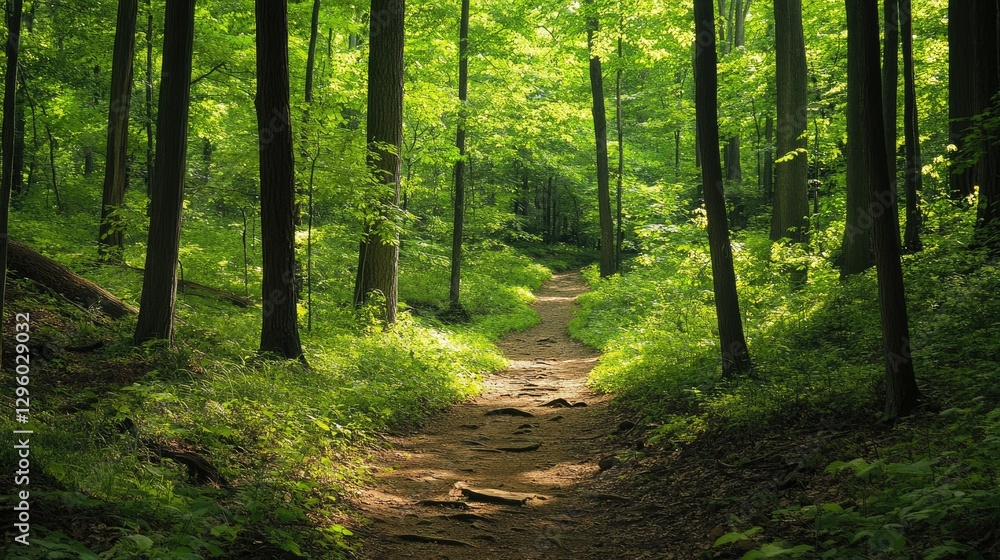 Obraz premium Serene Virginia Forest: Scenic Hiking Path Through Lush Green Woods in Summer