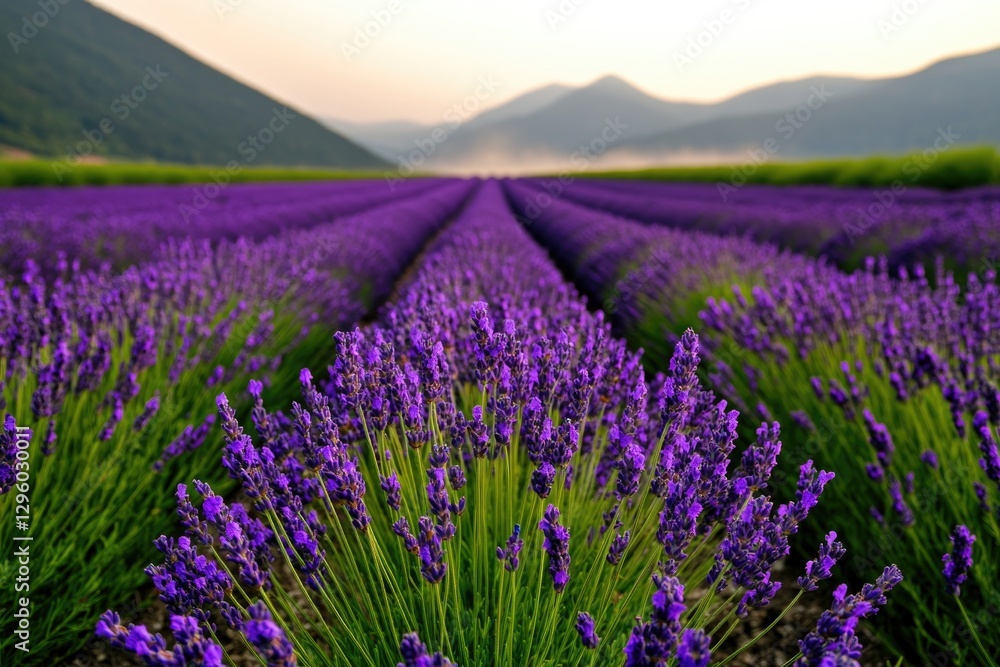 Obraz premium Endless rows of vibrant lavender create serene landscape under s