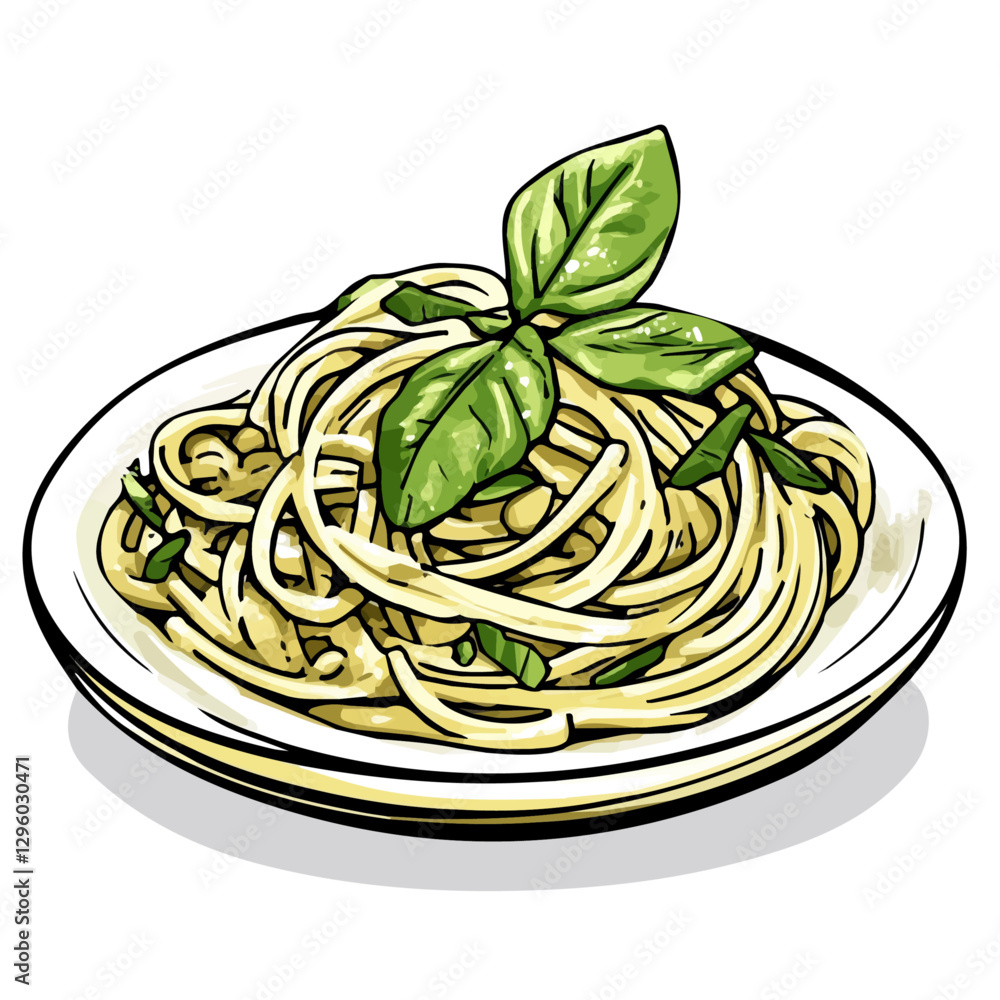Pasta primavera minimalist 2D vector graphic illustration sketch on a white background.

