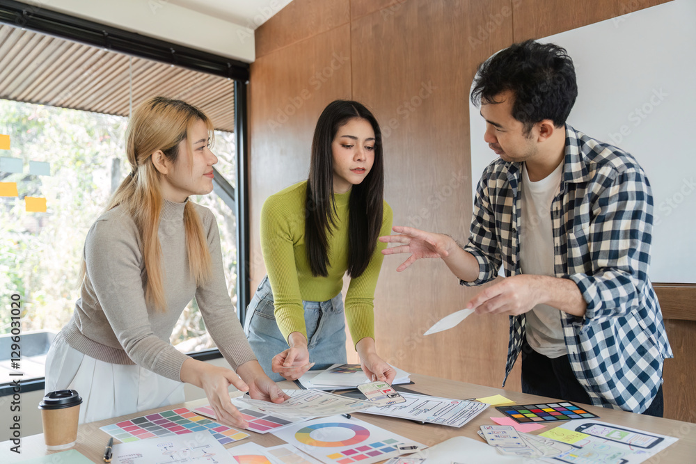Fototapeta premium Diverse team collaborating on design concepts and discussing feedback in office.