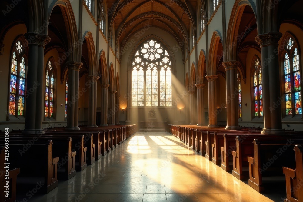 Fototapeta premium Sunbeams Illuminate Tranquil Church Sanctuary, Rows of Wooden Pews Extending Towards a Majestic Stained Glass Window