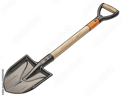 Minimalist Garden Shovel Illustration with Wooden Handle and Orange Grip Against Clean Background
