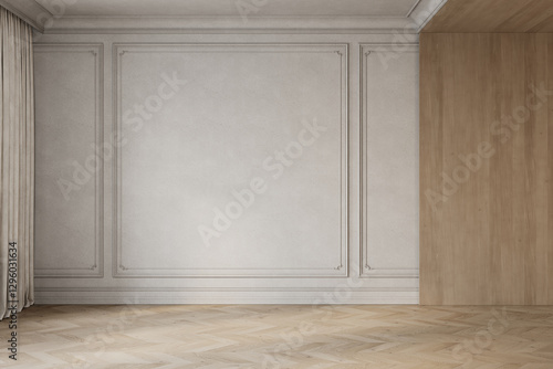 Classic beige empty interior with moldings, wall wood panel, chevron parquet floor. 3d render illustration mockup.
