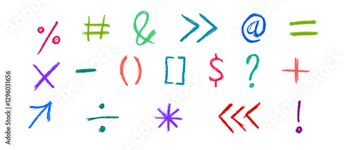 Mathematical Symbols and Punctuation Crayon Chalk Drawing Vector Set